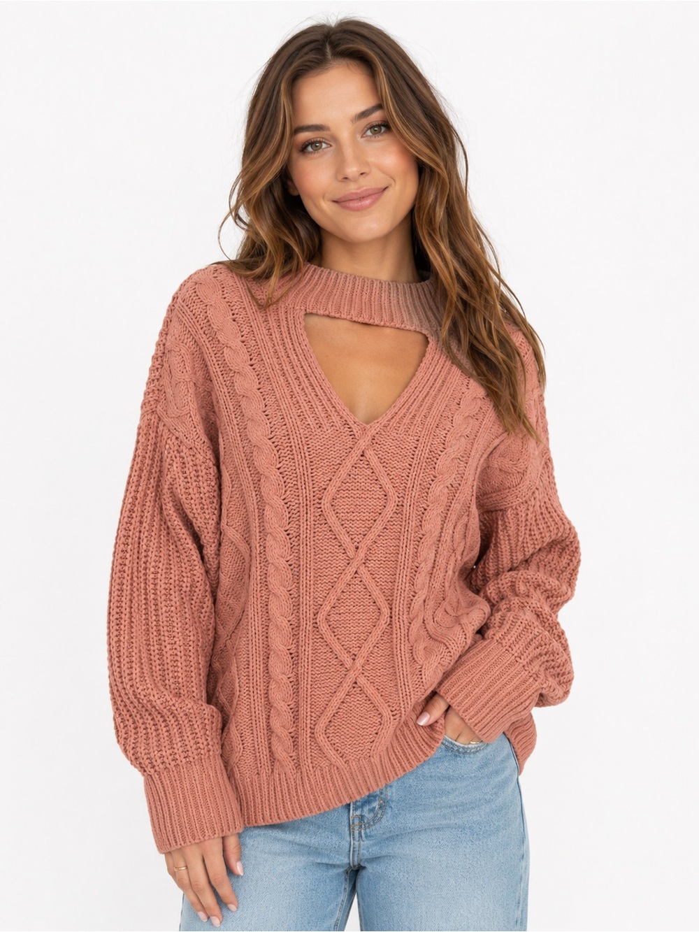 Absolutely Famous V-Neck Cable Cutout Sweater - 0565